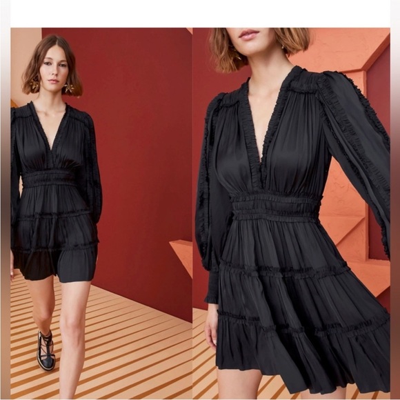 Ulla Johnson Amara Dress Noir Black Plisse Satin Mini Dress Size 4 Small Ruffle - Picture 1 of 17